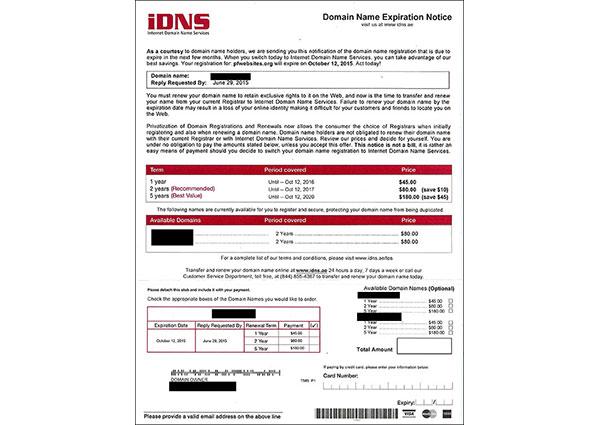 Domain Name Scam via Postal Mail: (iDNS)